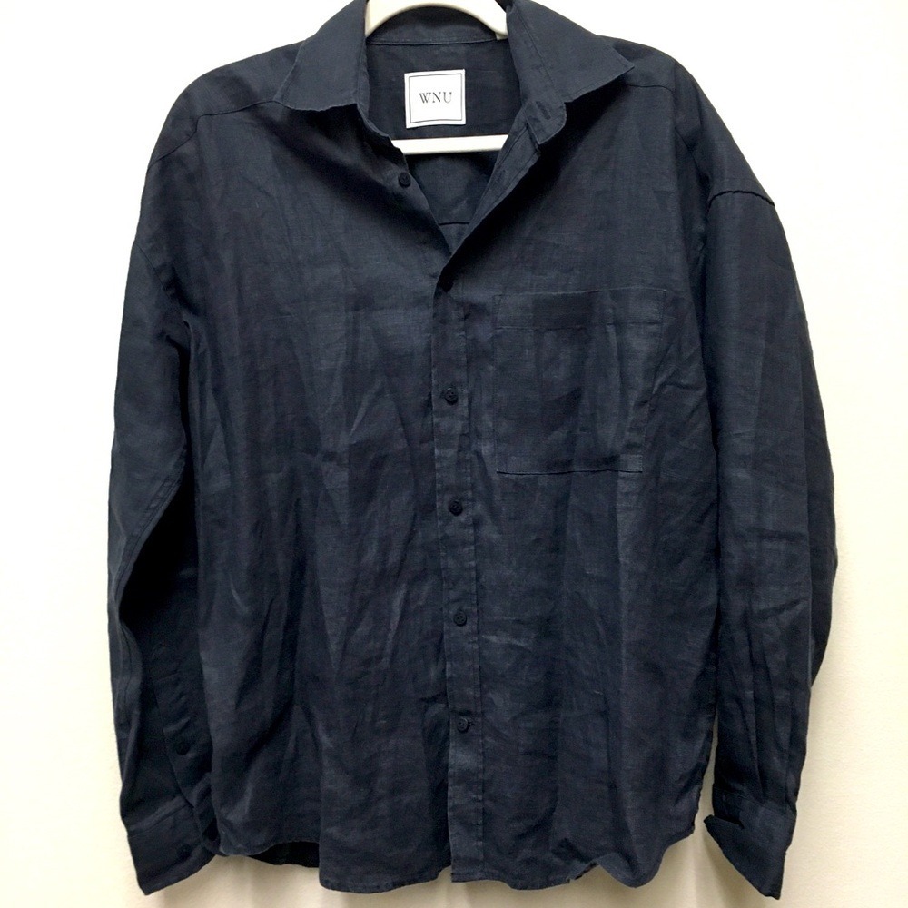 WNU 100% Hemp Relaxed Button Down Shirt Large Navy Blue Coastal Minimalist